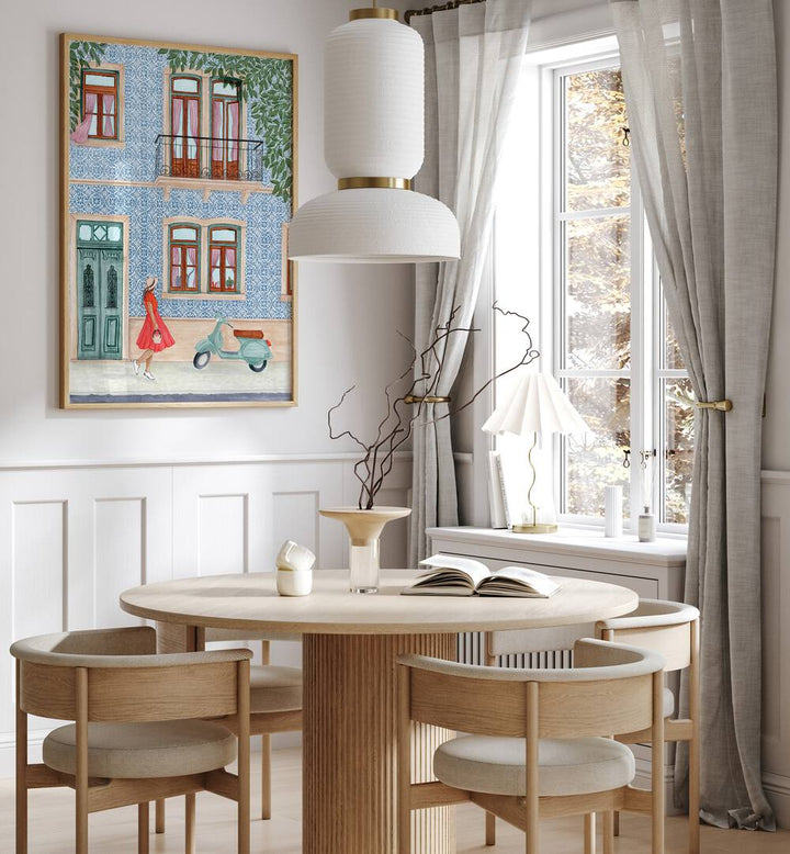 Stylish lady with scooter artwork enhances any café or bar ambiance, perfect for art lovers seeking elegance.