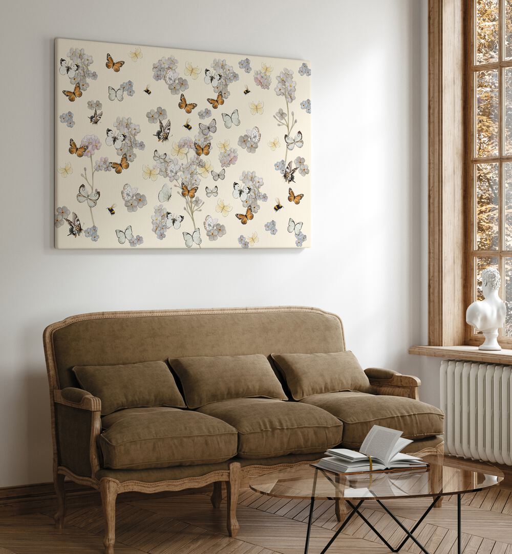 Captivating BEAUTIFUL BUTTERFLIES, FLORAL FLOWER PAINTINGS enhancing a chic living space with artistry and nature.