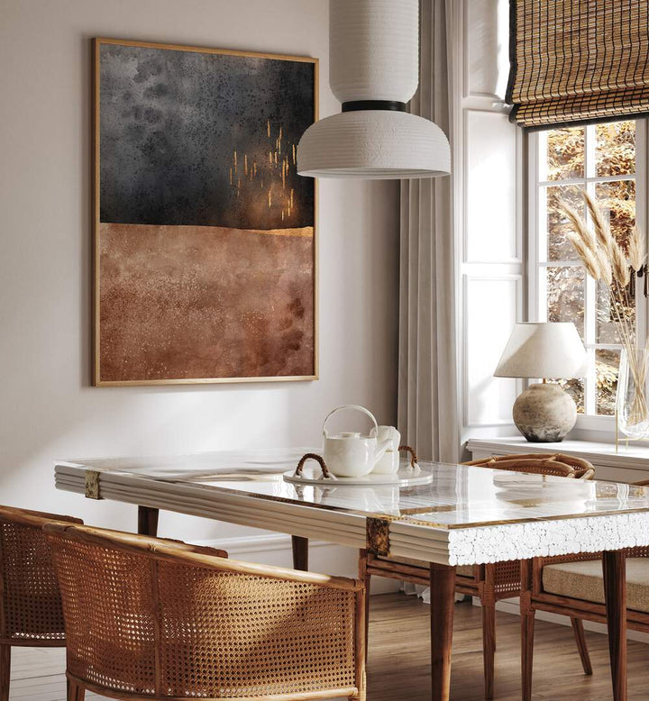Elegant dining room featuring AUTUMN RAIN II, ABSTRACT PAINTINGS, adding vibrant energy to modern décor.