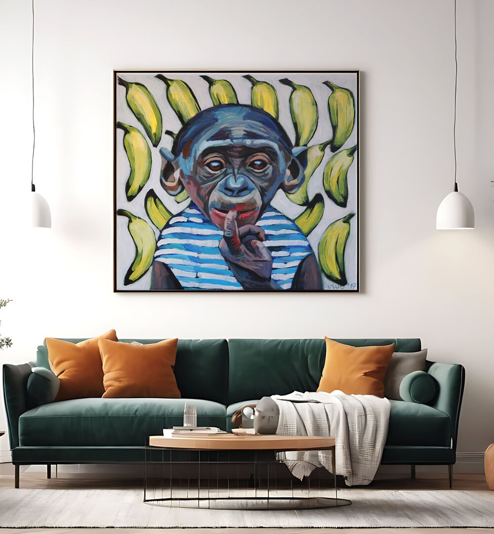 Vibrant BANANA CONTEMPLATION, COMIC POSTERS featuring a playful monkey, perfect for transforming your space.