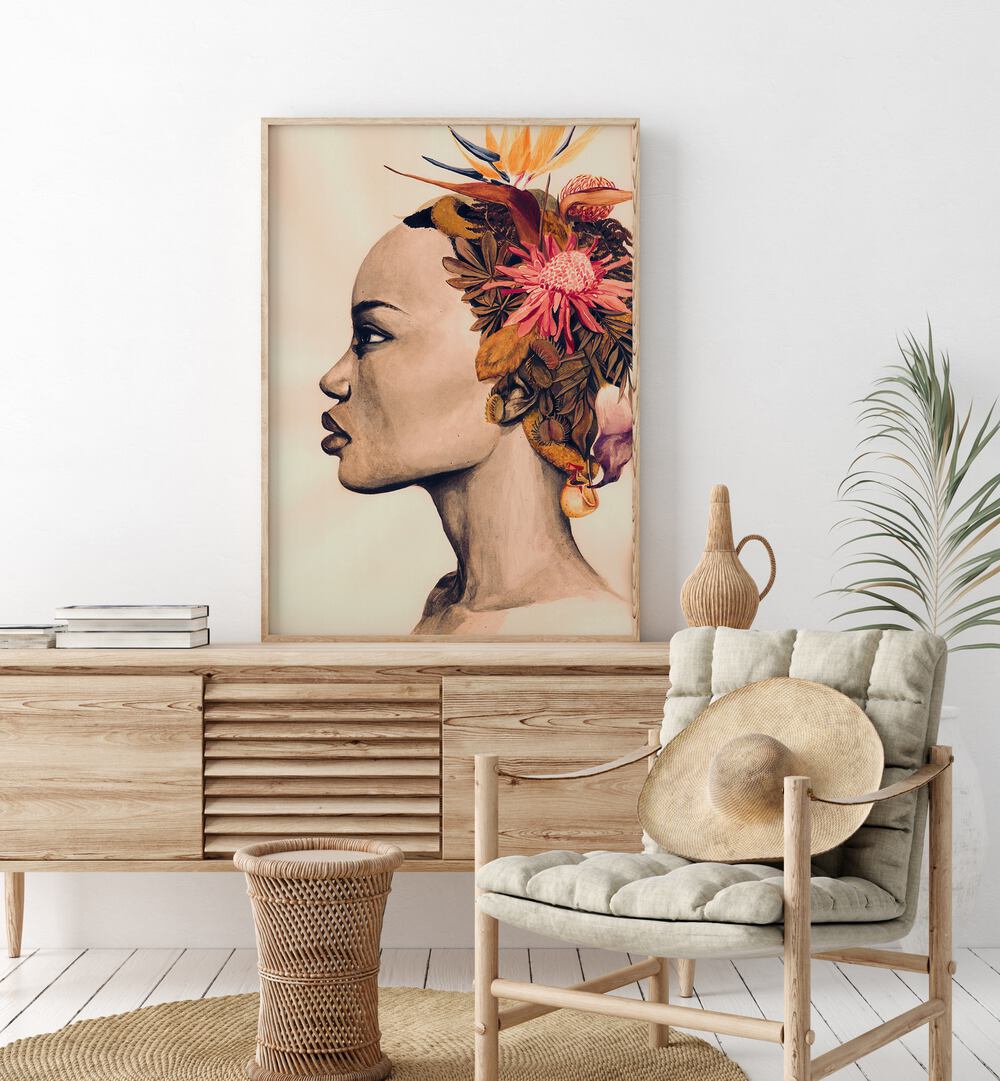 Elegant AMARE fashion poster featuring a profile with floral accents, perfect for stylish home decor.