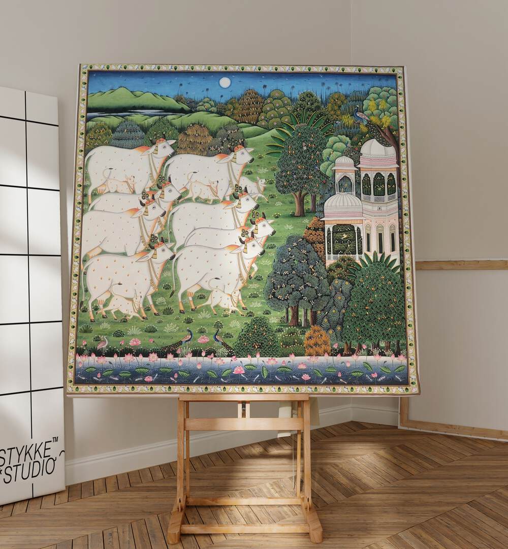 COW AND CALF PICHWAI, INDIAN ART PAINTINGS showcasing vibrant rural life and craftsmanship in a beautiful setting.