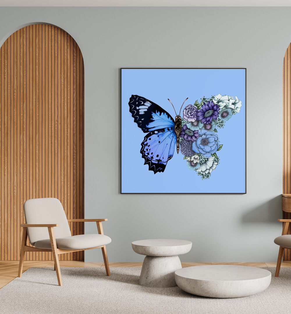 Vibrant BLUE BUTTERFLY IN BLOOM MURAL, ANIMAL PAINTINGS, enhances any space with nature’s beauty and vintage artistry.