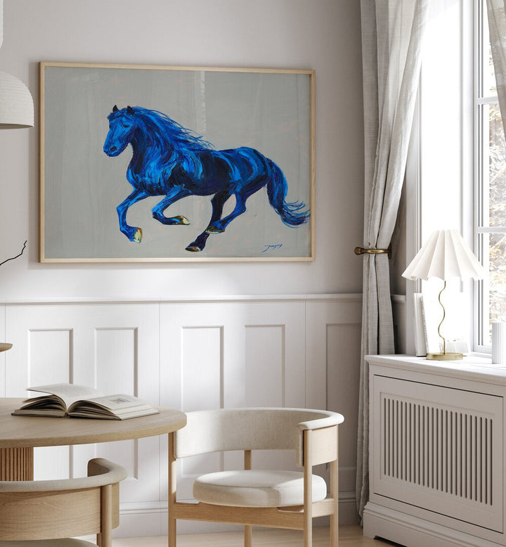 Stunning A BLUE HORSE, ANIMAL PAINTINGS in a modern living room, perfect for adding vibrant art to your space.