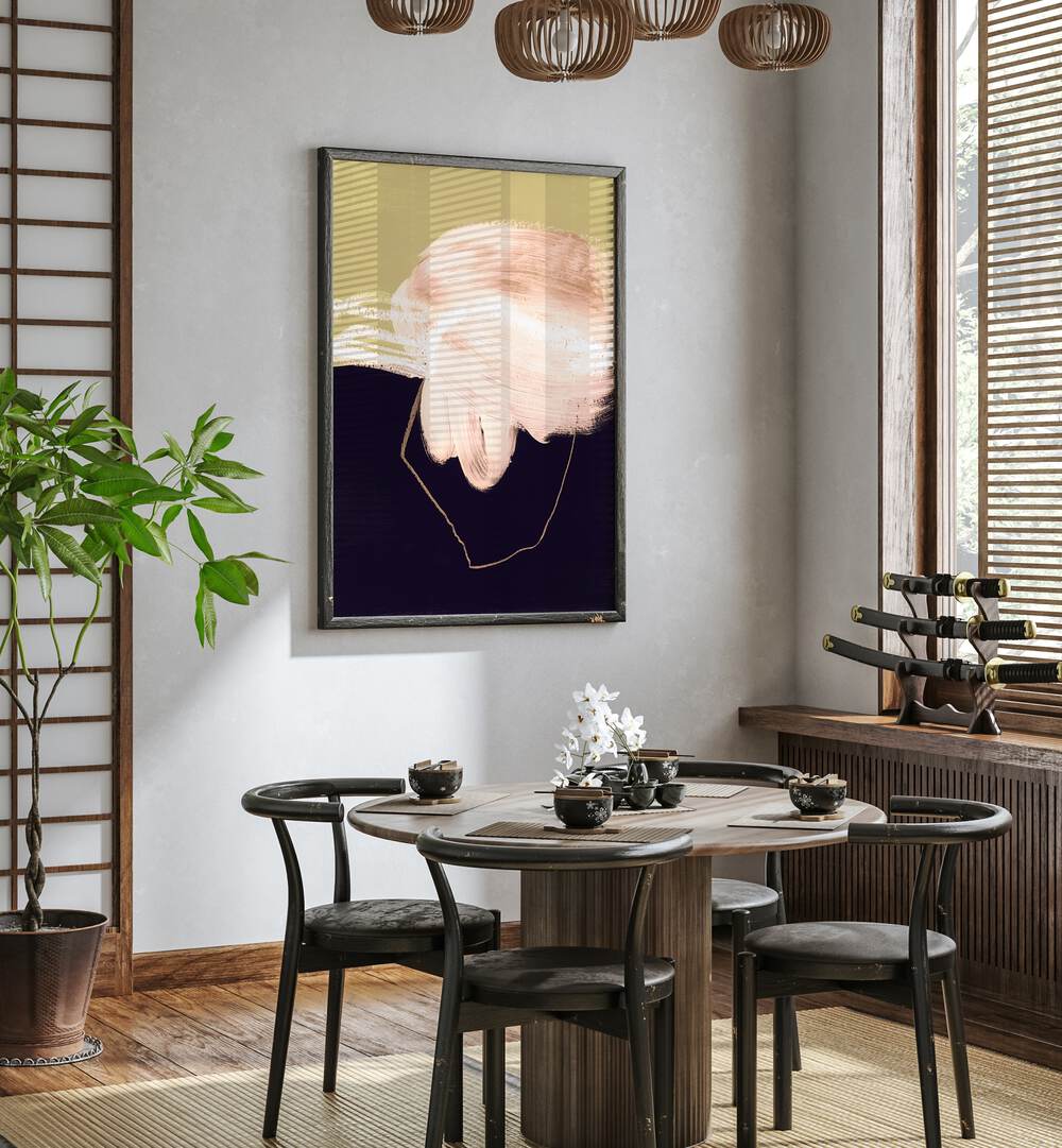 Vibrant ABSTRACT XII, ABSTRACT PAINTINGS enhancing a stylish dining area with contemporary artistic flair.