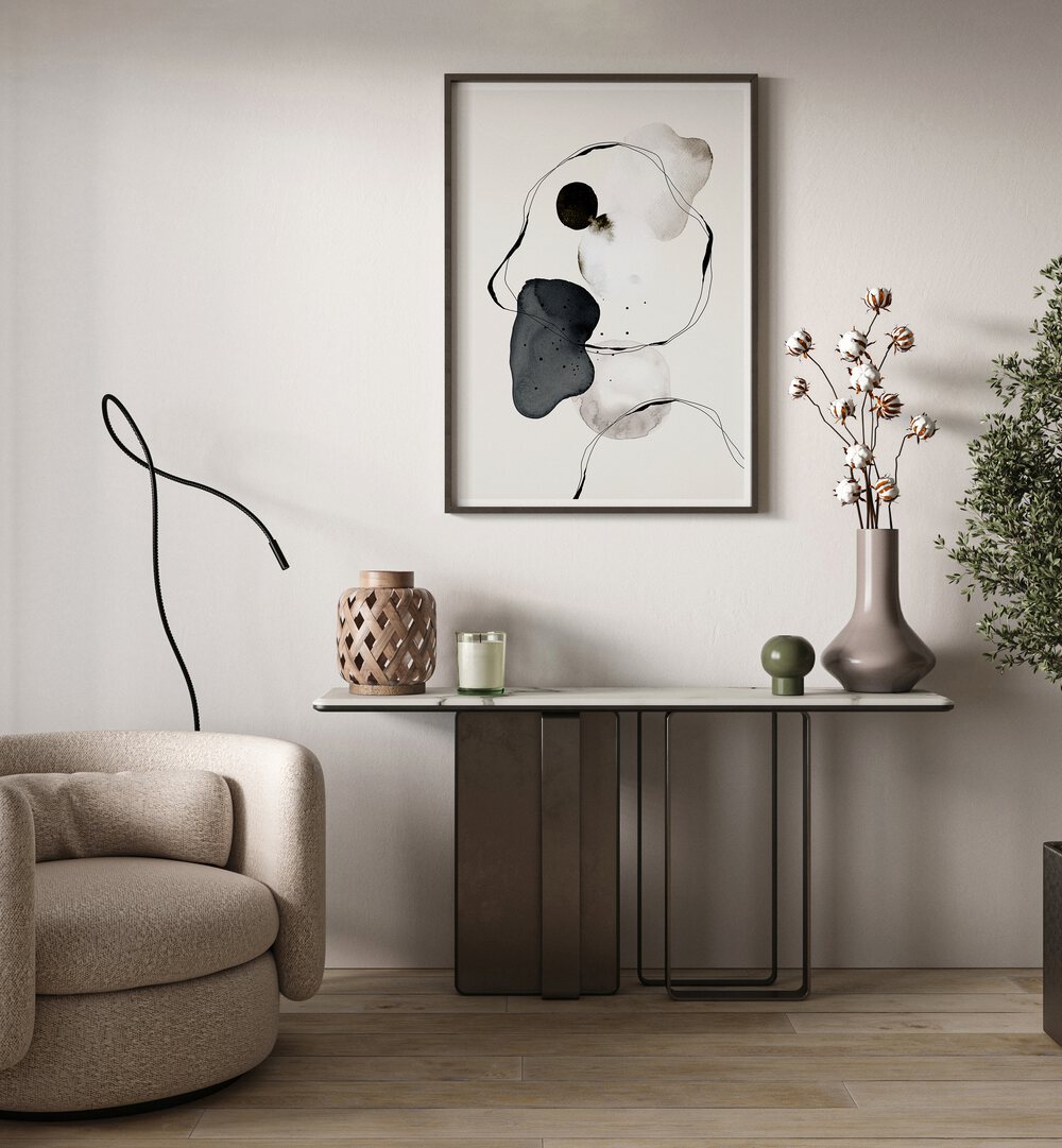 Elegant interior featuring ABSTRACT WORLD I, ABSTRACT PAINTINGS by The Miuus Studio, enhancing creative spaces.