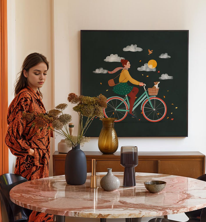Embrace AUTUMN RIDE, PORTRAITS featuring vibrant illustrations by Petra Holikova in a cozy, stylish setting.