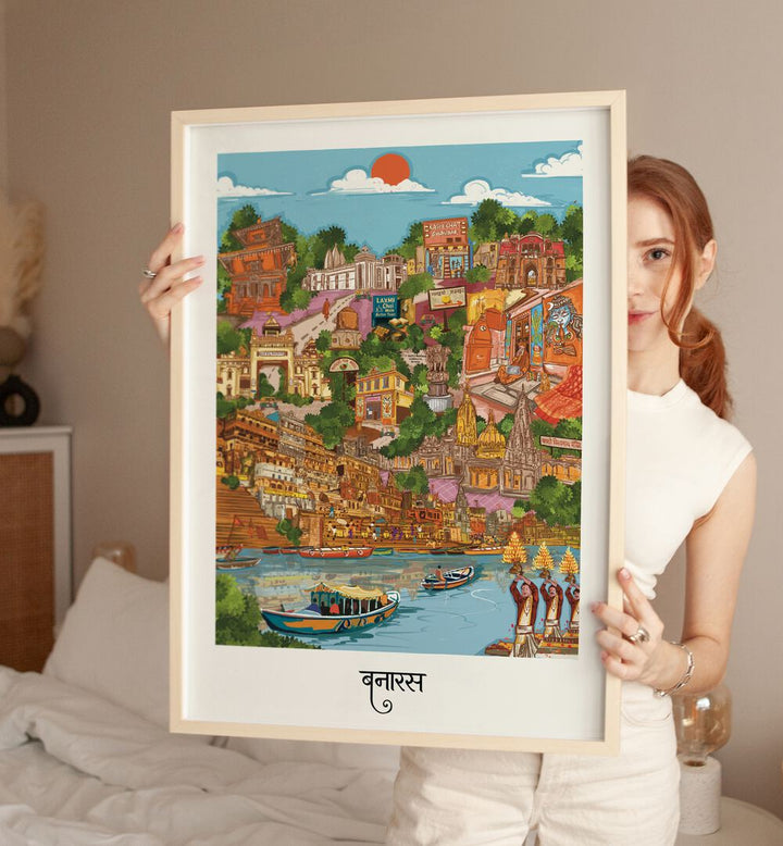 Colorful Varanasi travel poster showcasing the iconic ghats and architecture, perfect for home decor.