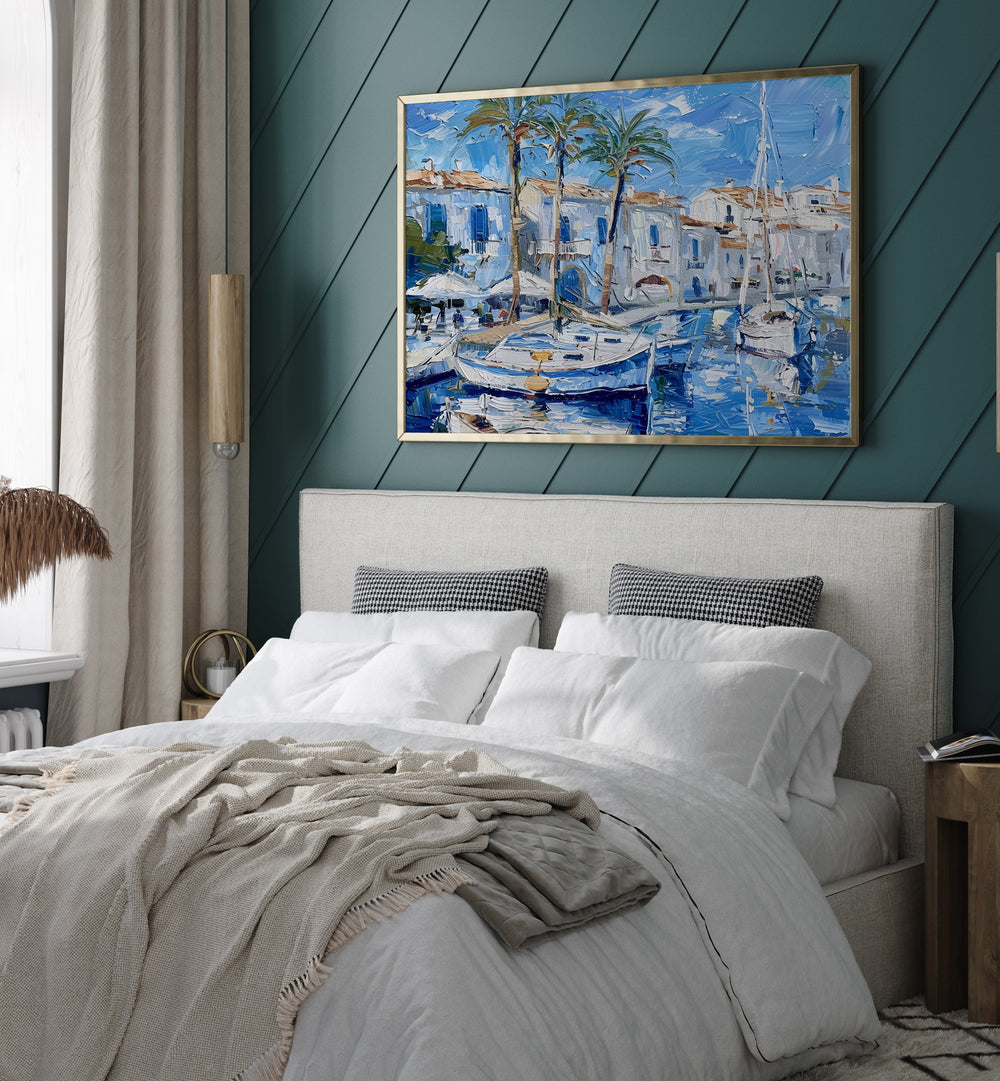 Vibrant artwork titled "BOATS IN THE HARBOR" perfectly enhances any home or office with serene maritime beauty.