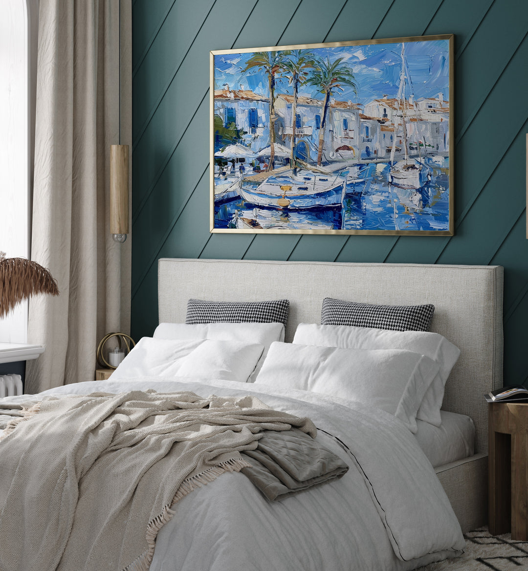 Vibrant artwork titled "BOATS IN THE HARBOR" perfectly enhances any home or office with serene maritime beauty.