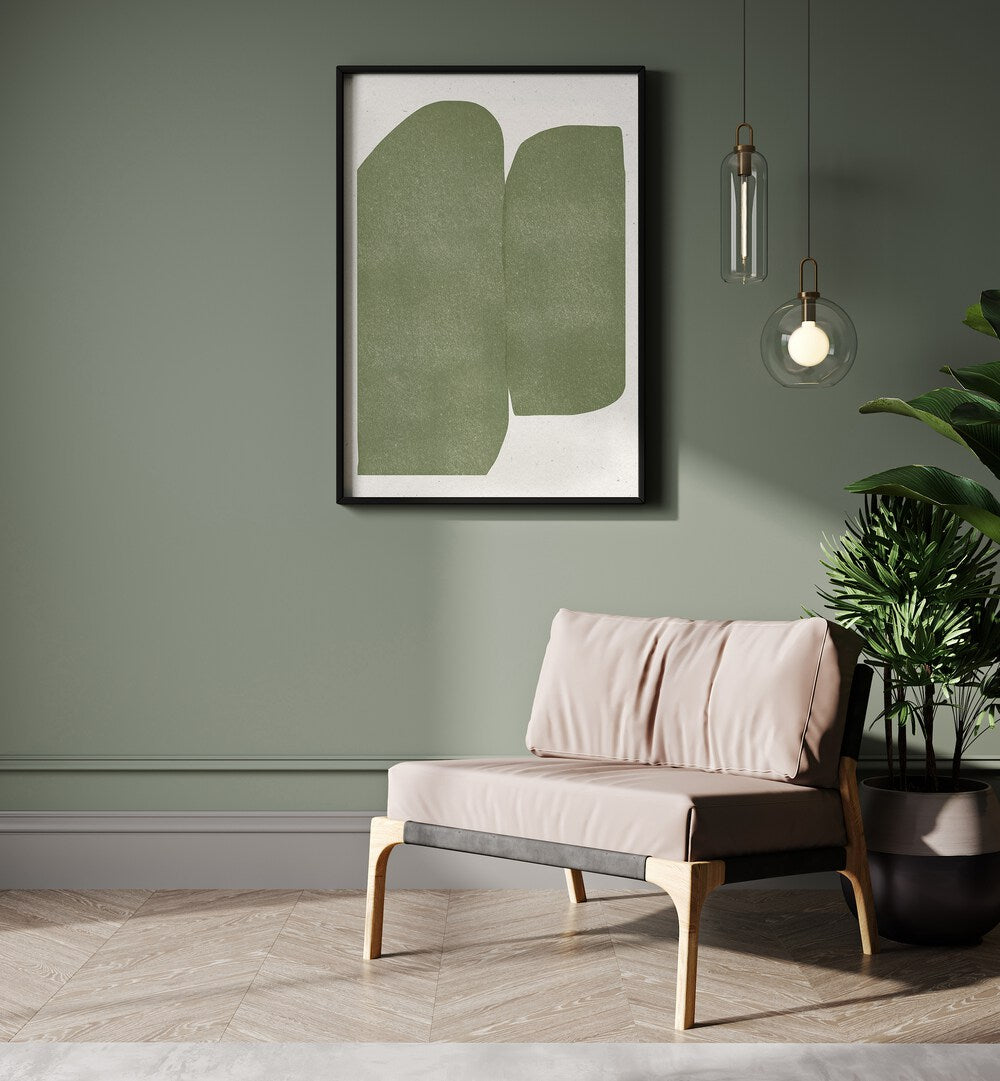 Stylish living space featuring GREEN PAPER CUT MODERN, ABSTRACT PAINTINGS, enhancing creativity and elegance.