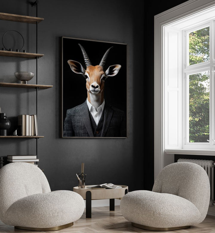 WILD SUITS - ANTELOPE, ANIMAL PAINTINGS showcase a unique antelope portrait in a stylish room setting.