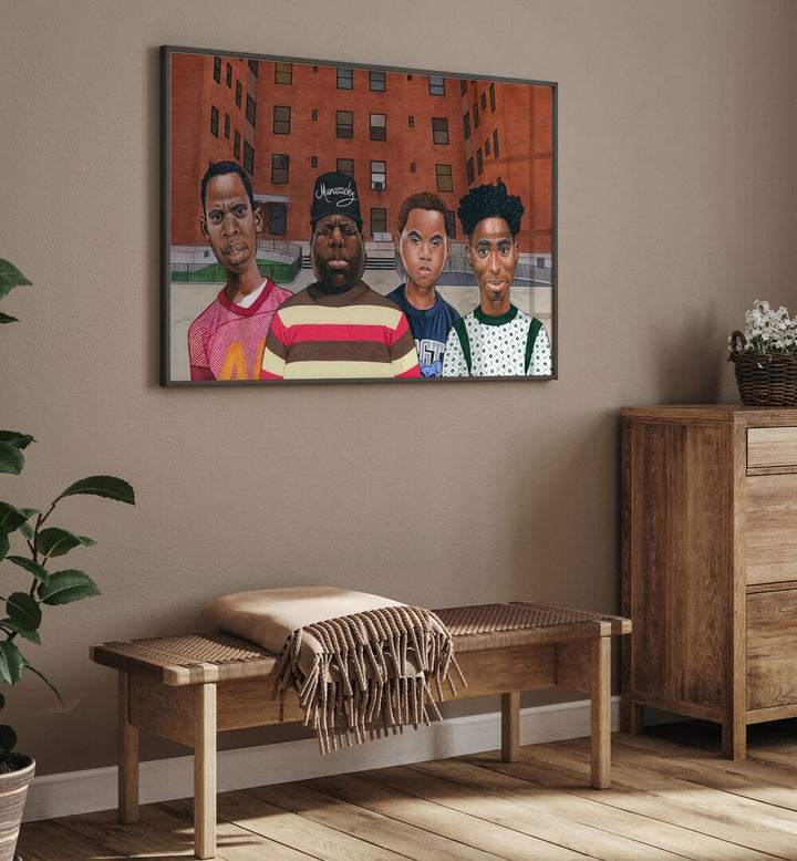 Vibrant BOYZ IN THE HOOD, AFRICAN ART PAINTINGS showcasing hip hop culture and urban style in a stylish setting.