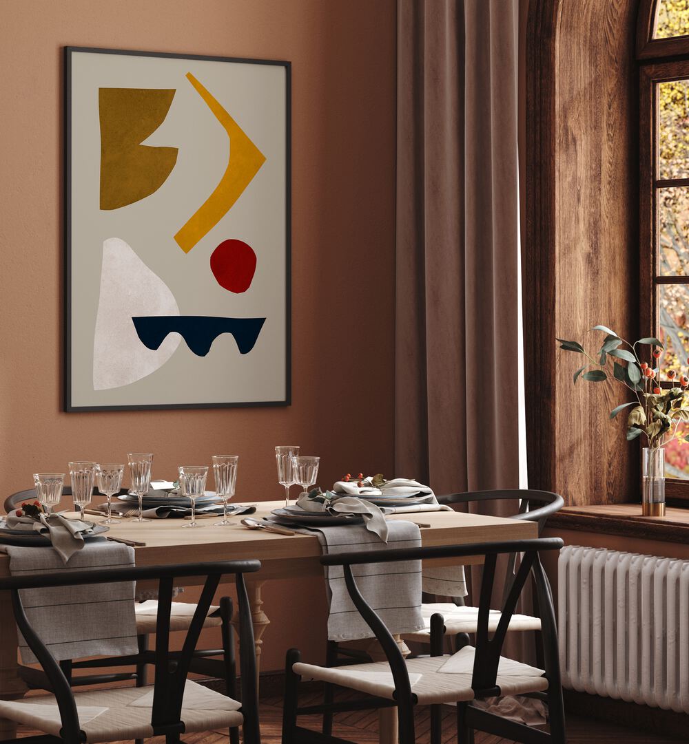 Stylish dining area featuring EXPRESSIVE III, GEOMETRIC ART PRINTS, adding a modern touch to your home decor.