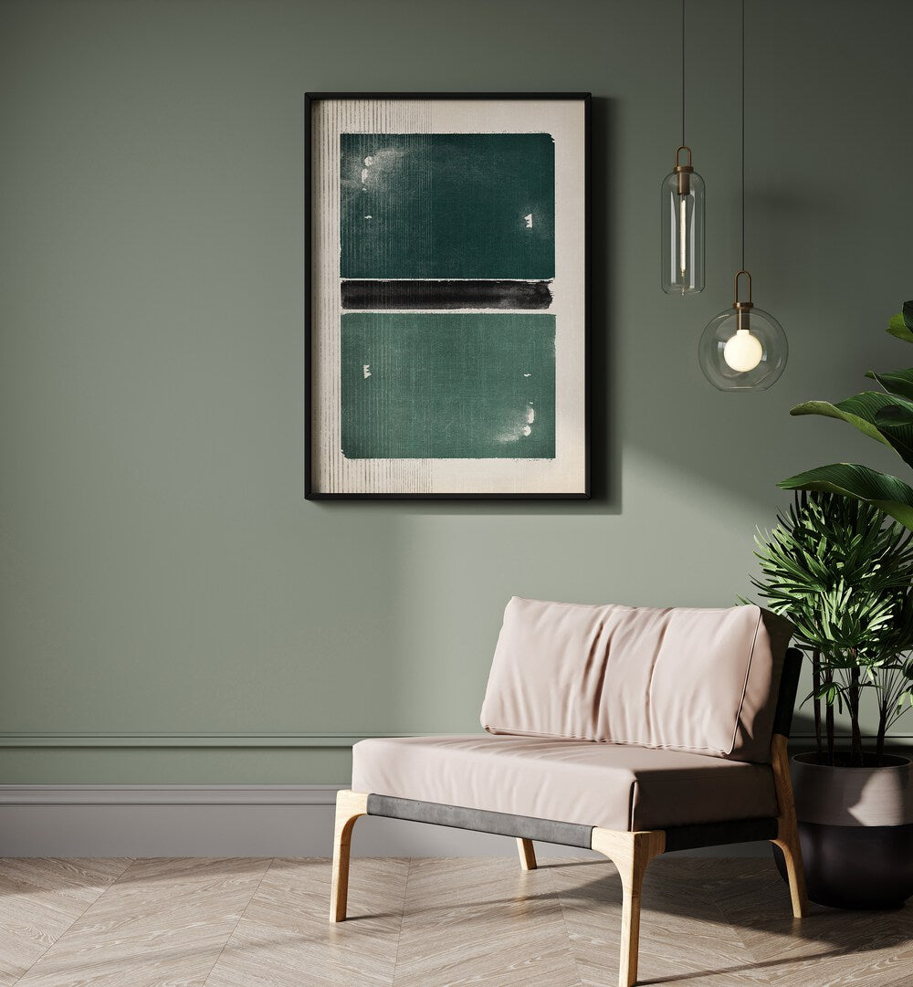 Modern interior featuring "Caught in the Middle, Abstract Art Prints" with geometric design and calming colors.