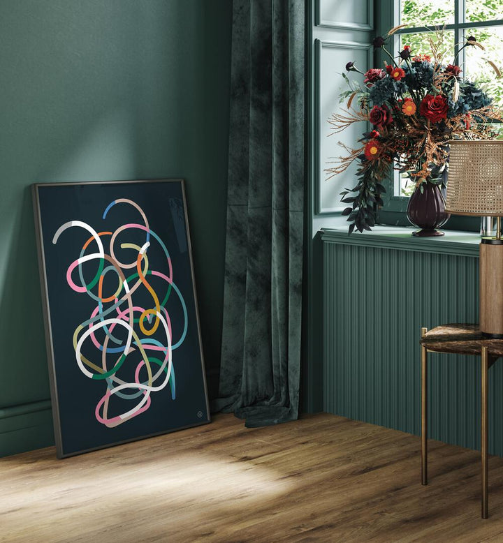 Bright and vibrant COLOR LINES, ABSTRACT PAINTINGS adorn a stylish interior, enhancing modern home aesthetics.