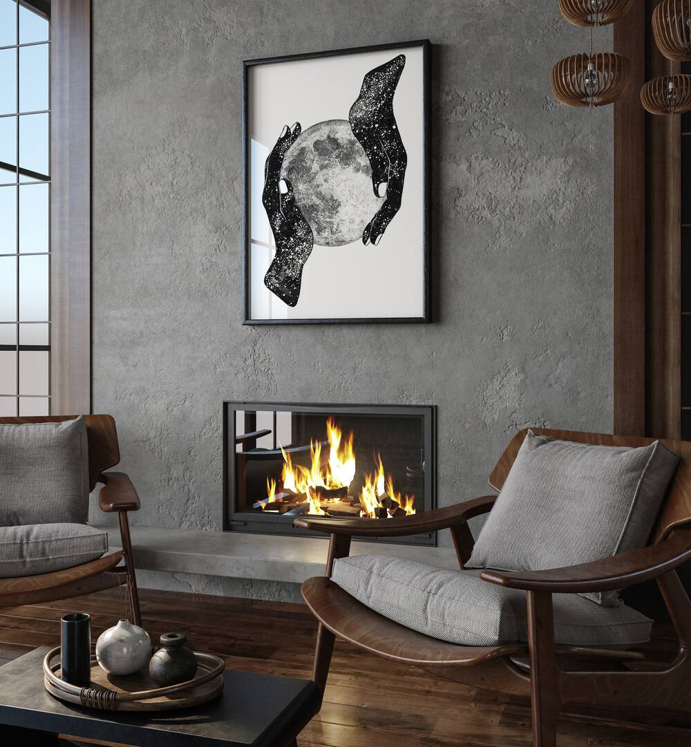 Stunning surreal art print, "THE MAGIC OF THE UNIVERSE," showcasing cosmic hands cradling the moon. Perfect for decor.