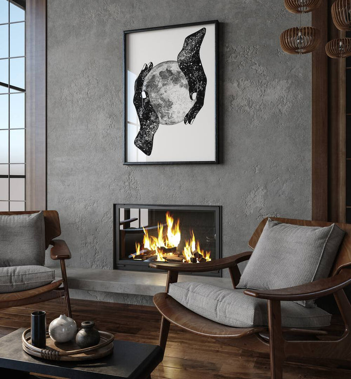 Stunning surreal art print, "THE MAGIC OF THE UNIVERSE," showcasing cosmic hands cradling the moon. Perfect for decor.