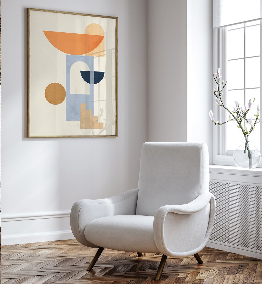 Stylish living room featuring COMPOSITIONS VII, BOHO ART PAINTINGS, a geometric masterpiece enhancing modern decor.