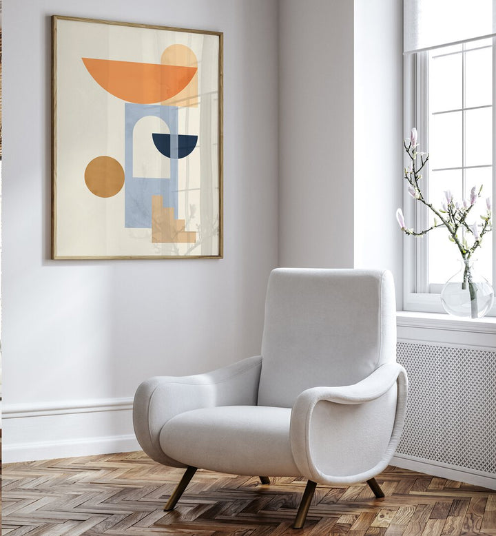 Stylish living room featuring COMPOSITIONS VII, BOHO ART PAINTINGS, a geometric masterpiece enhancing modern decor.