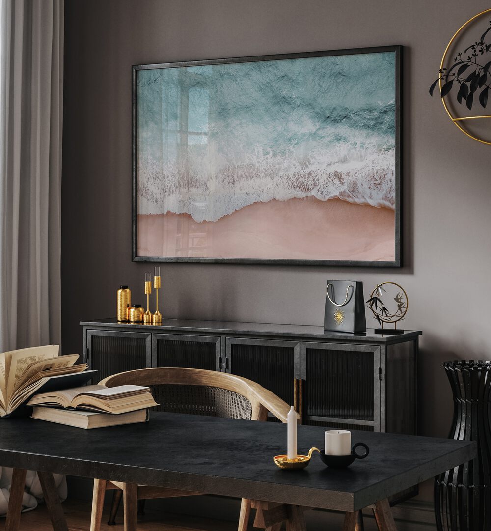 Stylish living room featuring BEACH VIBES III, BEACH PAINTINGS, showcasing serene ocean hues and beach aesthetics.