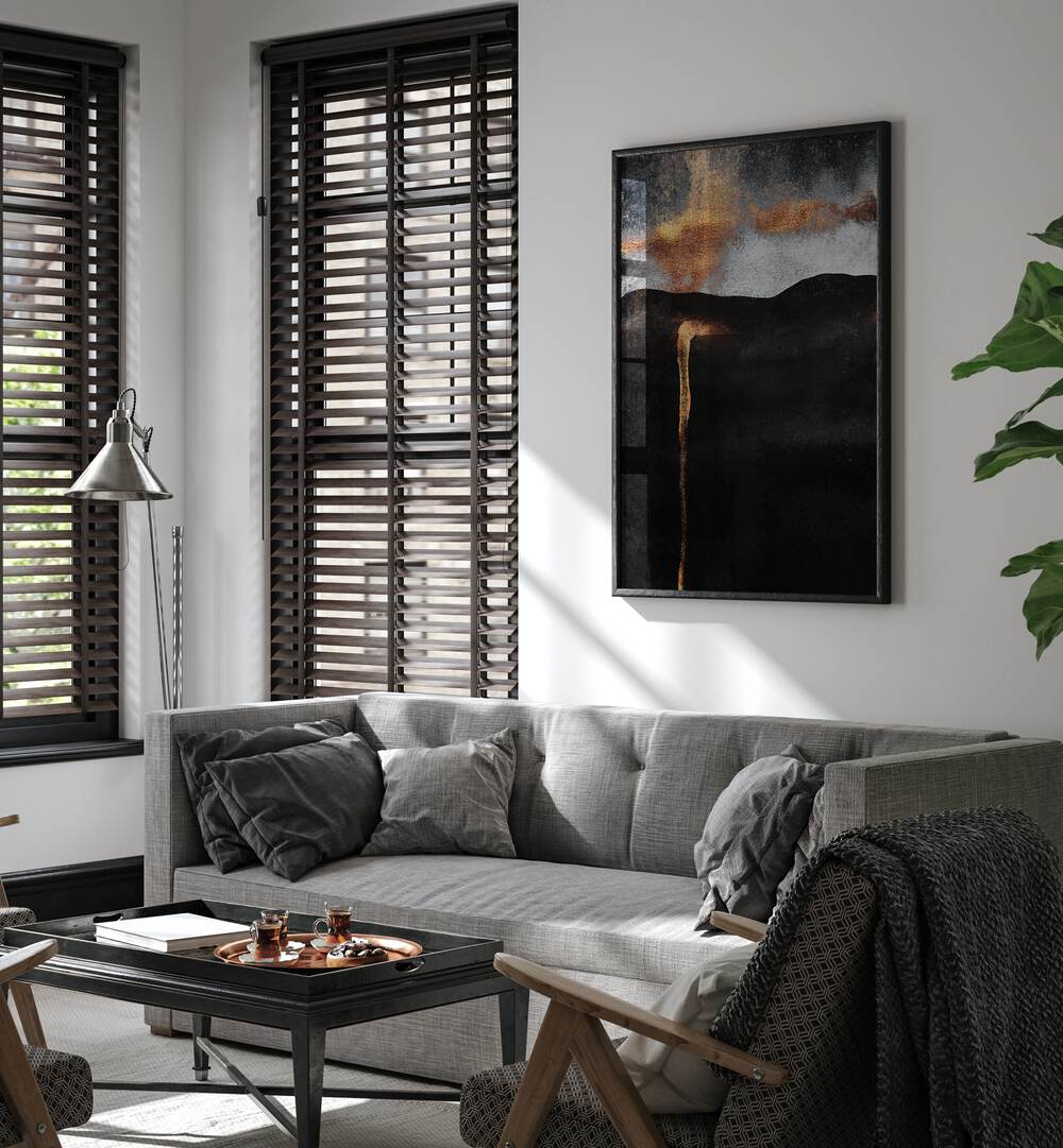 Modern living room featuring EMBER, ABSTRACT PAINTINGS that enhance the space with vibrant color and contemporary style.