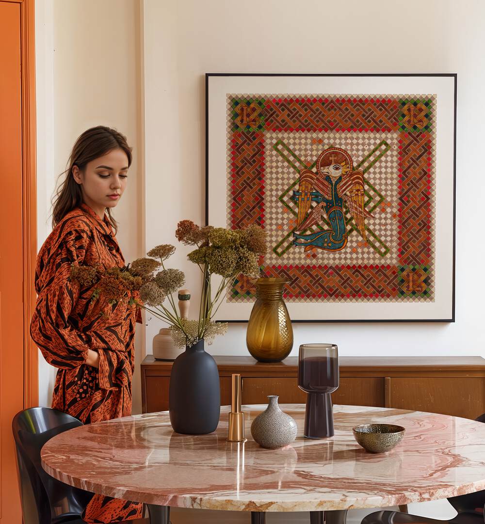 Elegant decor featuring the BOOK OF KELLS LUKE, PORTRAITS artwork, enhancing modern interior aesthetics.