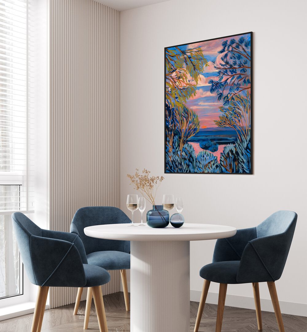Stunning BLUE TEXAS HILL COUNTRY, LANDSCAPE PAINTINGS showcasing vibrant nature in a modern home setting.