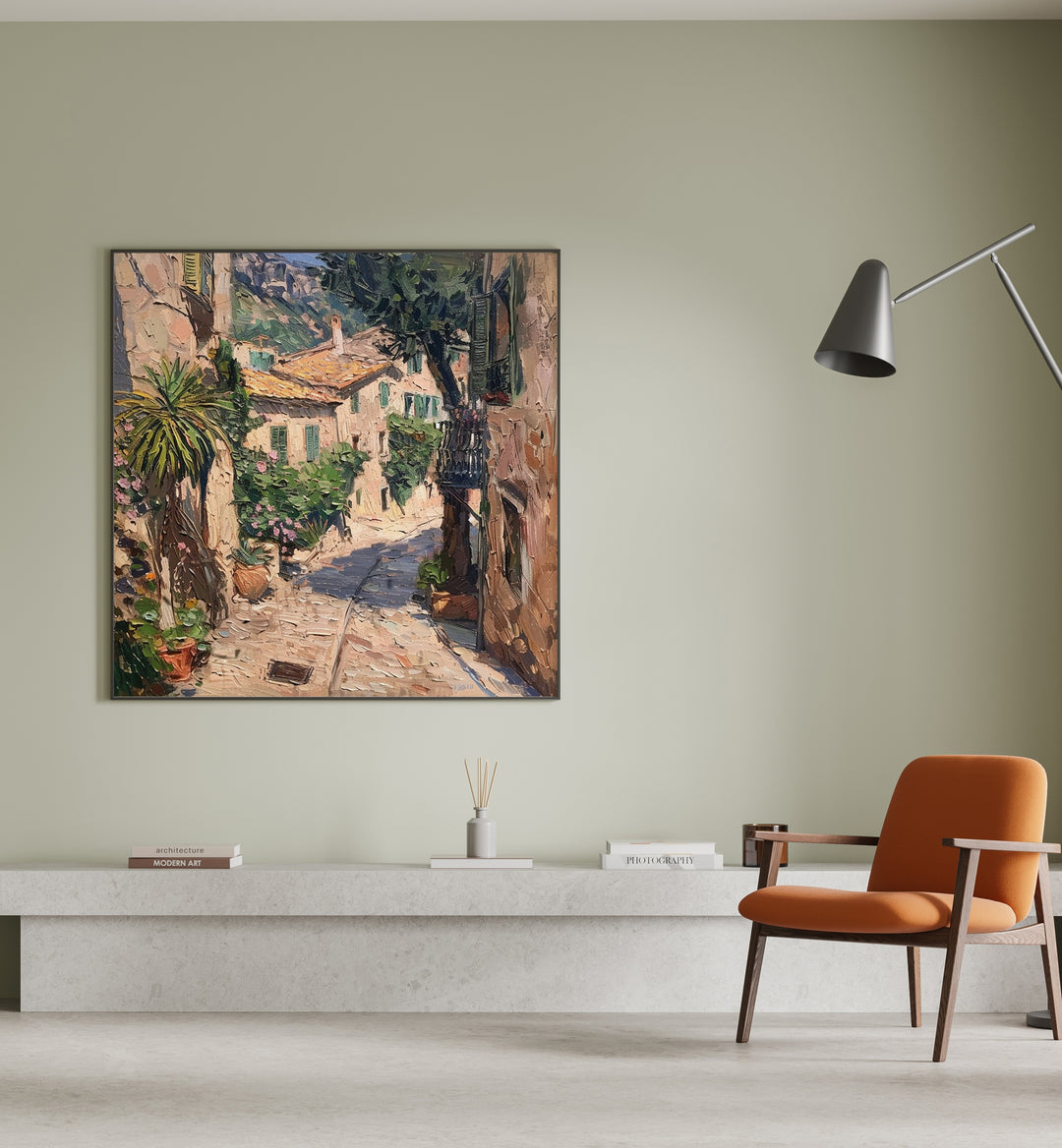 Stylish interior featuring the STREET IN MALLORCA II artwork, enhancing the modern living space ambiance.