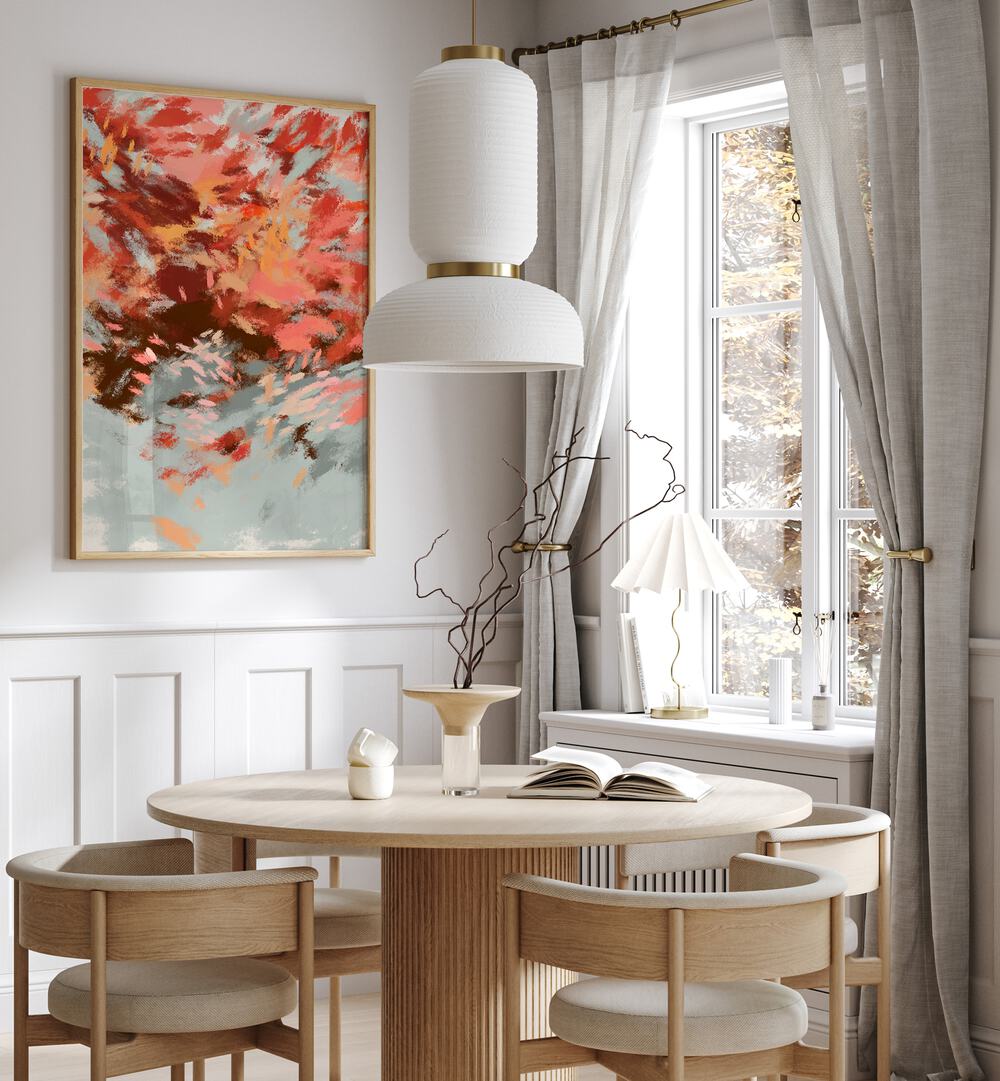Elegant dining space featuring AUTUMN SHADOWS II, ABSTRACT PAINTINGS, capturing the warmth of fall artistry.