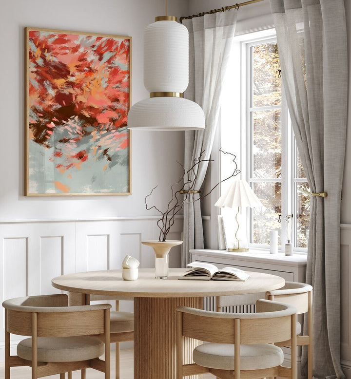 Elegant dining space featuring AUTUMN SHADOWS II, ABSTRACT PAINTINGS, capturing the warmth of fall artistry.