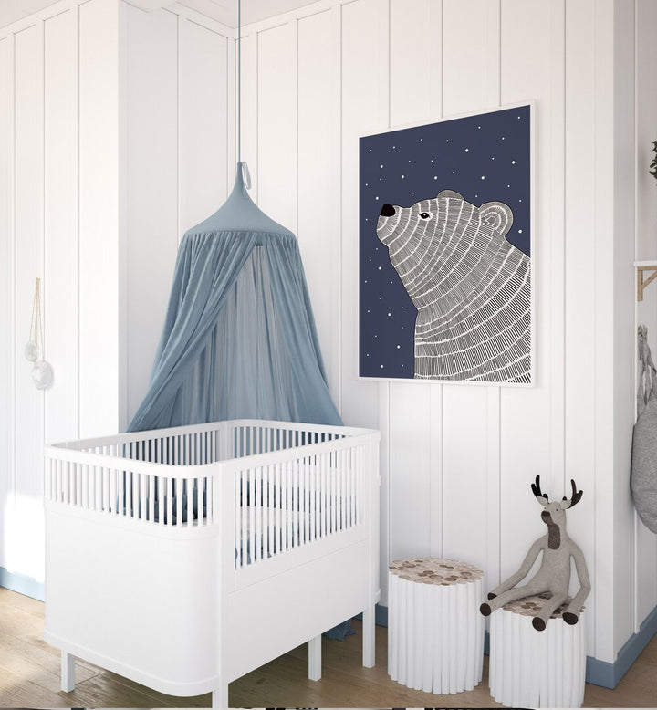 Stylish POLA BEAR NIGHT GAZE, KIDS ROOM PAINTINGS brighten up a nursery with a serene polar bear design.