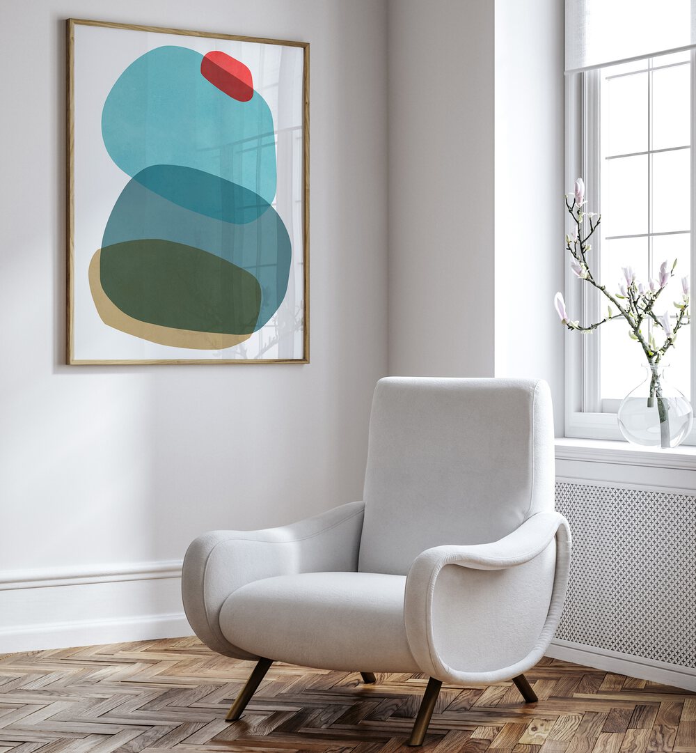 Stylish interior featuring ROCK OVERLAY III, ABSTRACT PAINTINGS, enhancing modern decor with vibrant colors.