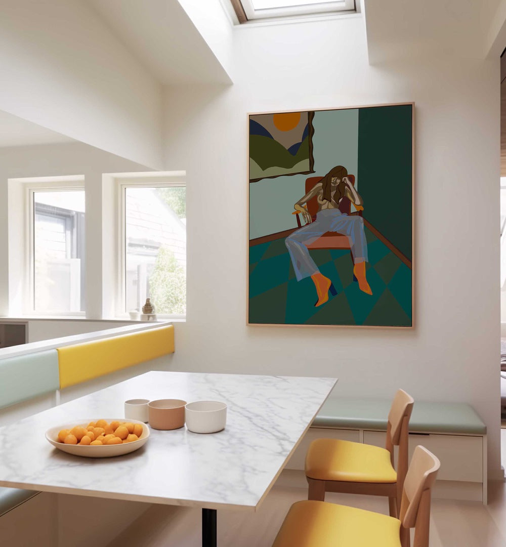 Stunning HESTER II, PORTRAITS artwork enhances a modern dining space with vibrant colors and artistic flair.
