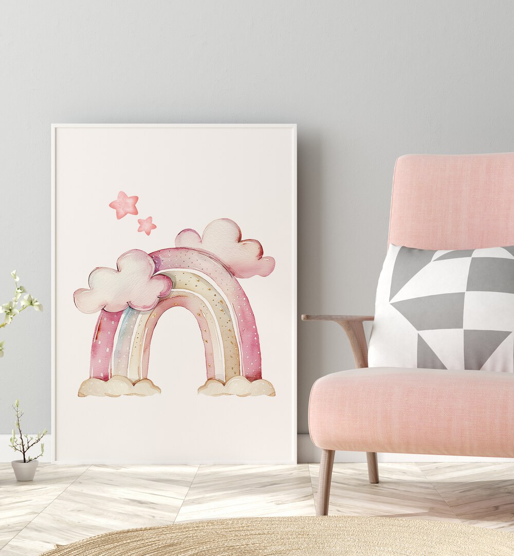 Brighten your child's space with STARRY PINK, KIDS ROOM PAINTINGS featuring a whimsical rainbow and starry accents.