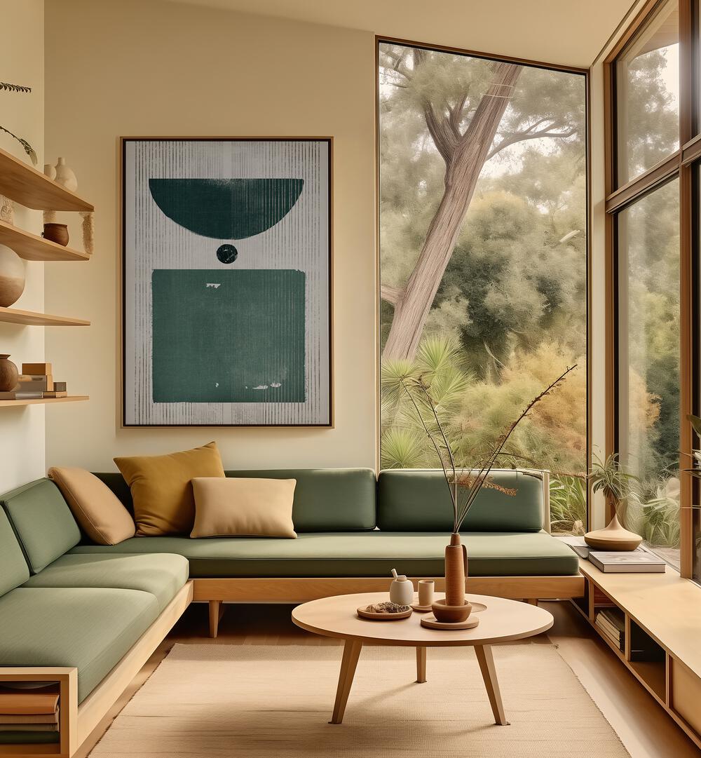 Stylish living room showcasing SOME EMERALD AFFAIRS, GEOMETRIC ART PRINTS, enhancing modern interiors with elegance.