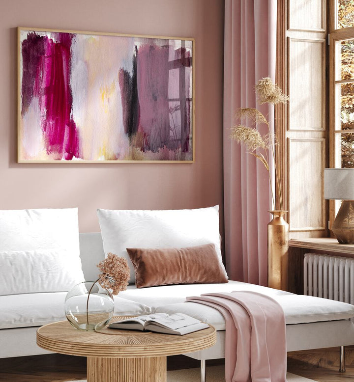 Vibrant MARVELOUS , ABSTRACT PAINTINGS enhance a chic living room with elegant decor and soft pastel hues.
