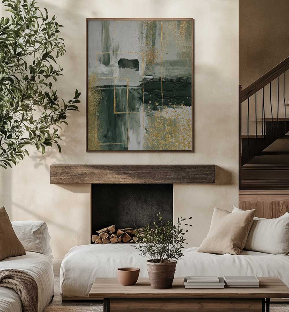 Living room with a fireplace, abstract painting, and decorative elements.