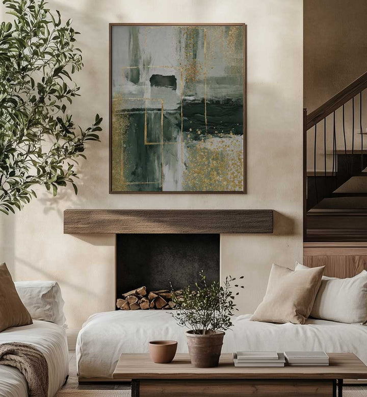 Living room with a fireplace, abstract painting, and decorative elements.
