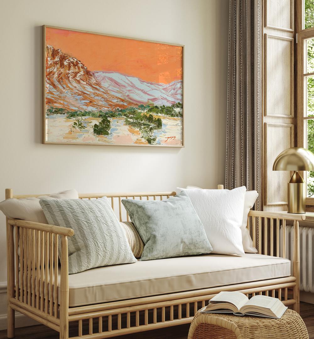 Vibrant MOUNTAIN, LANDSCAPE PAINTINGS showcased above a cozy sofa, enhancing your living space with nature's beauty.
