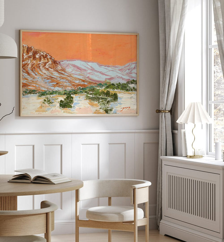 Vibrant MOUNTAIN, LANDSCAPE PAINTINGS adorn a modern living space, enhancing elegance and tranquility.