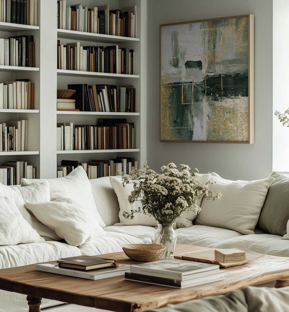 Cozy living room with a white sofa, wooden coffee table, bookshelf, and abstract painting.