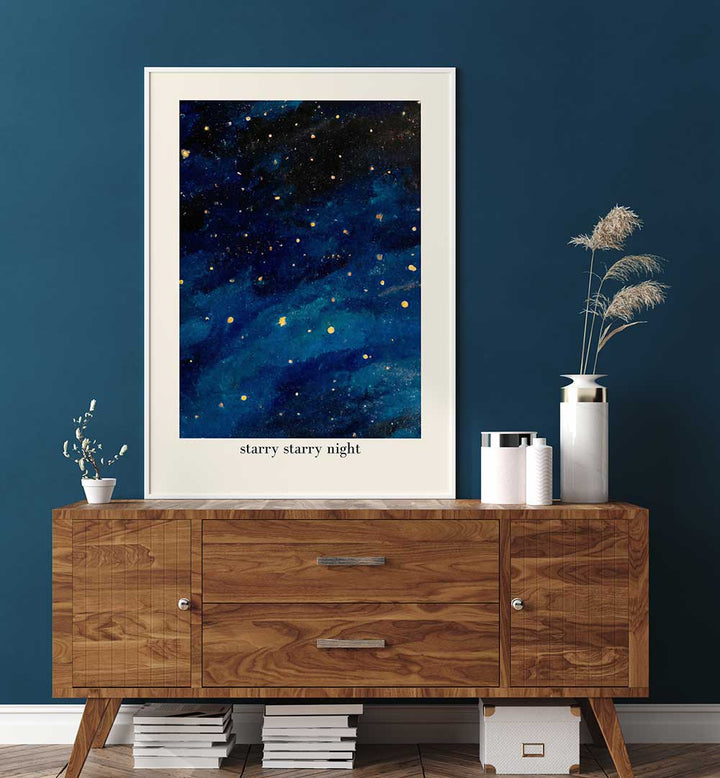 STARRY STARRY NIGHT , KIDS ROOM PAINTINGS showcasing a starry night sky above a wooden dresser in a blue room setting.