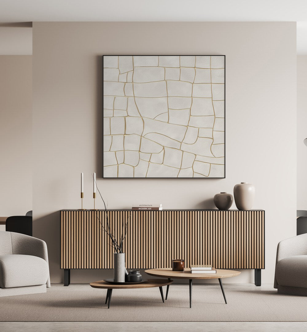 Stylish living room featuring GOLDEN CRACK B, ABSTRACT PAINTINGS, enhancing modern decor with elegance.