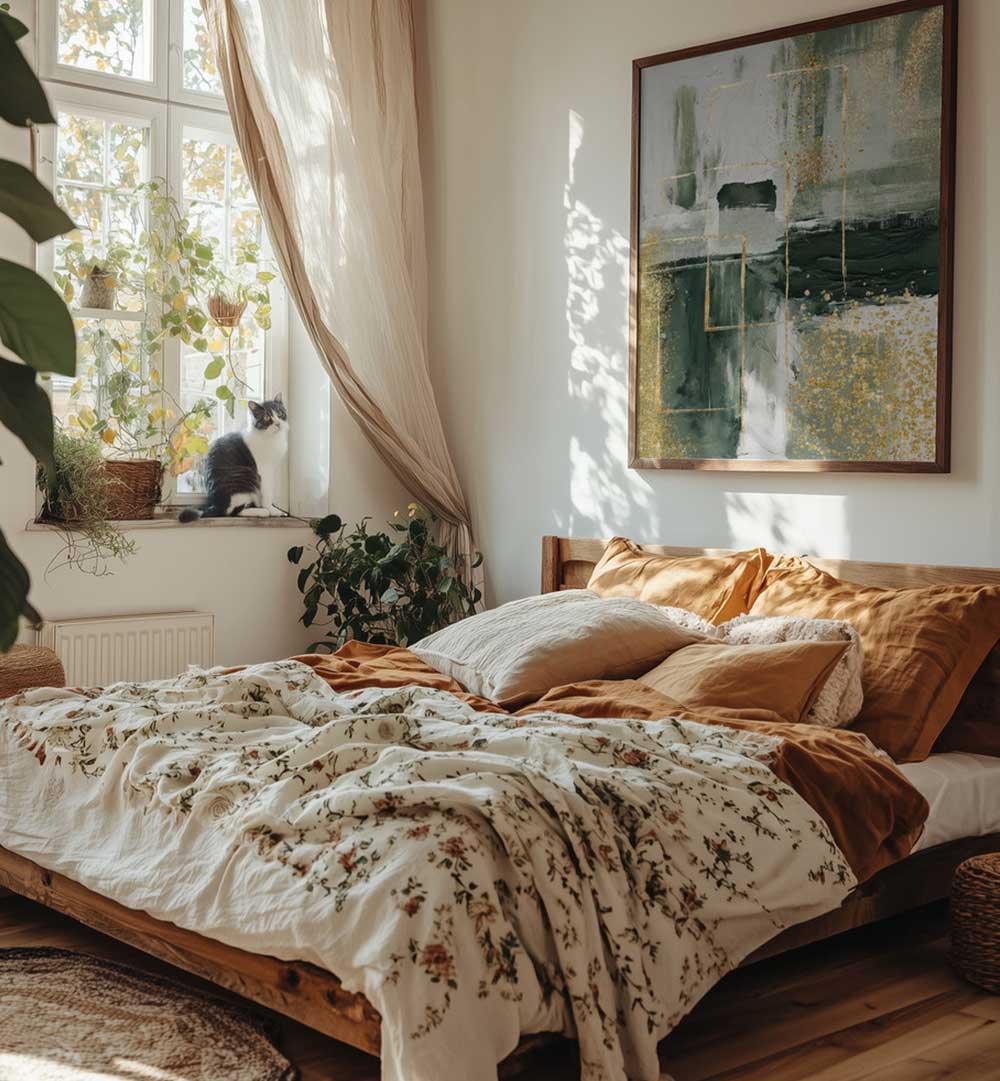 Cozy bedroom with a bed, cat on windowsill, and abstract painting.