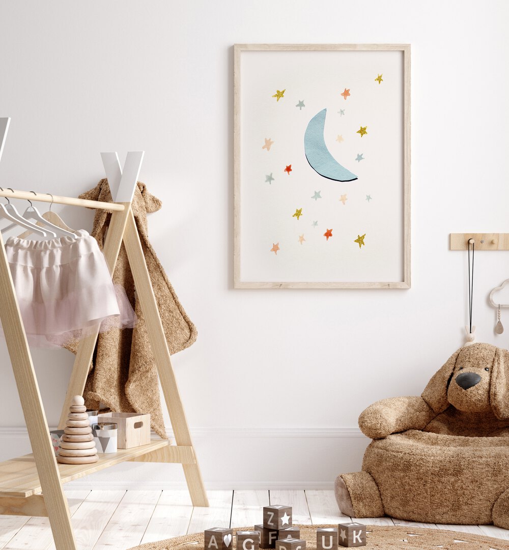 Stylish MOON & STARS kids room painting adds a whimsical touch to any child's space, perfect for dreamy decor.