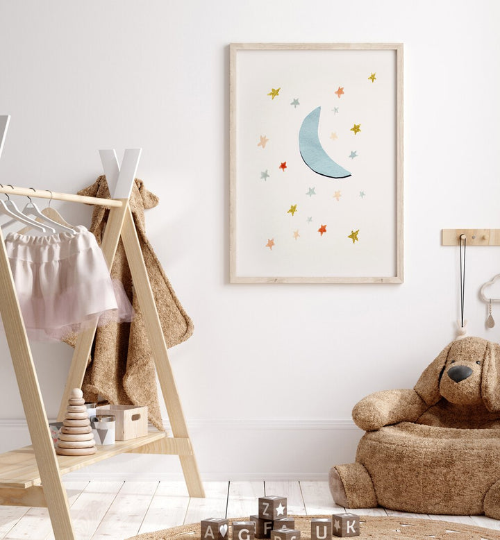 Stylish MOON & STARS kids room painting adds a whimsical touch to any child's space, perfect for dreamy decor.