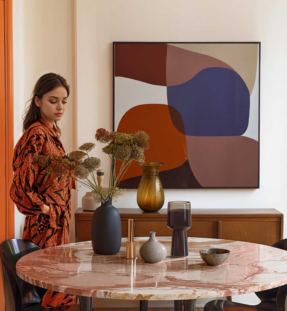 VISION , ABSTRACT PAINTINGS with bold shapes and warm tones brightening a modern dining room at Modern Artistry Store.
