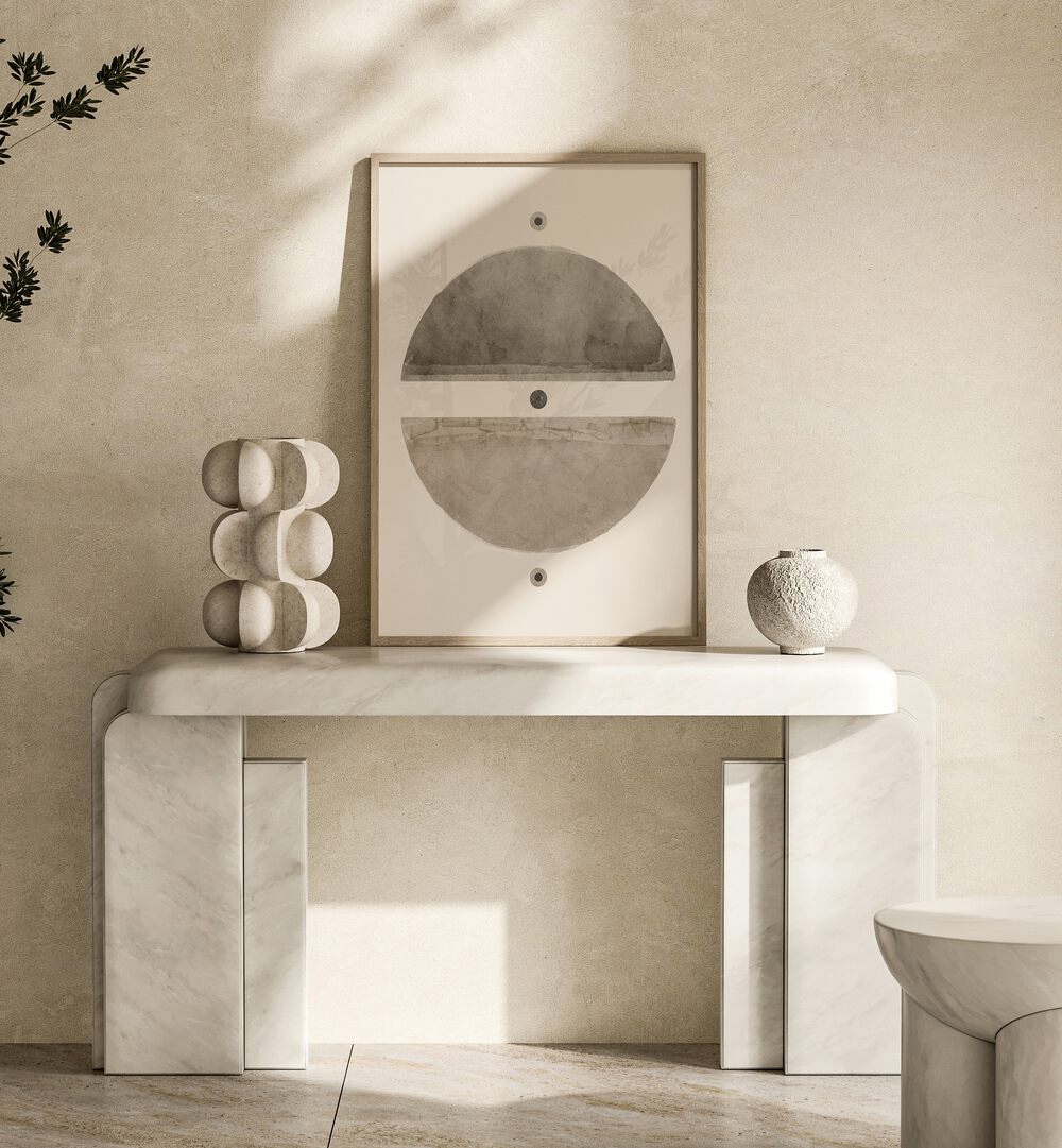Sophisticated TAUPE ENIGMA, GEOMETRIC ART PRINTS adorn a stylish marble console, enhancing modern home decor.