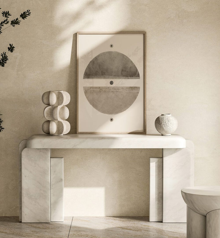 Sophisticated TAUPE ENIGMA, GEOMETRIC ART PRINTS adorn a stylish marble console, enhancing modern home decor.